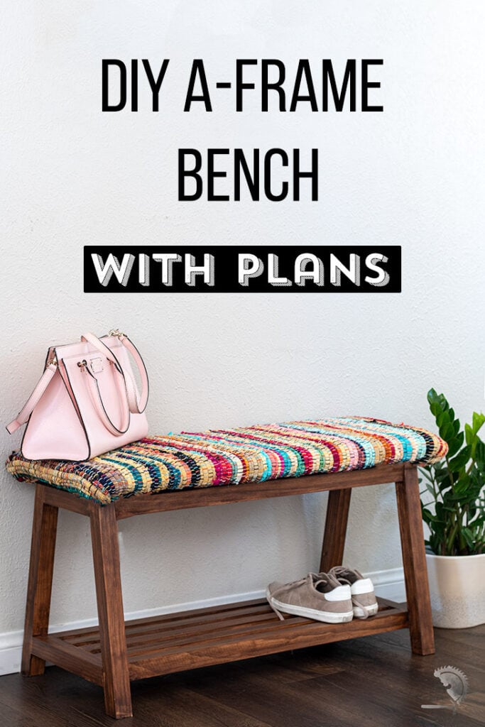 DIY upholstered bench with colorful fabric with text overlay