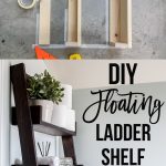 Collage of DIY ladder shelf with in progress shelf and text overlay
