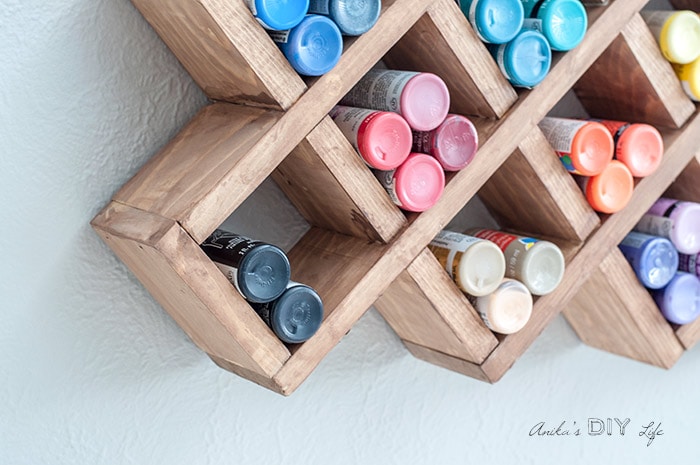 close up of craft paint storage in the DIY spice rack