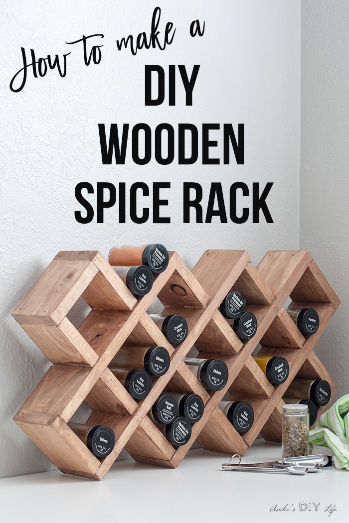 DIY spice rack on white countertop with text overlay