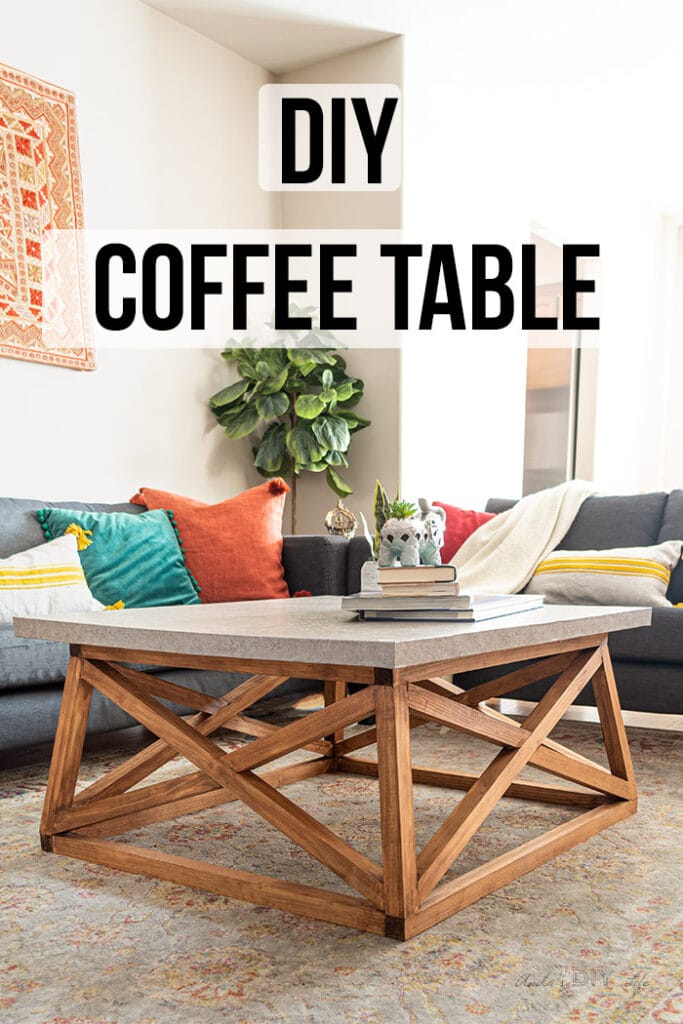 DIY Square coffee table in living room with decor and text overlay