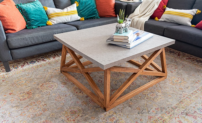 Full view of the DIY square coffee table in a living room