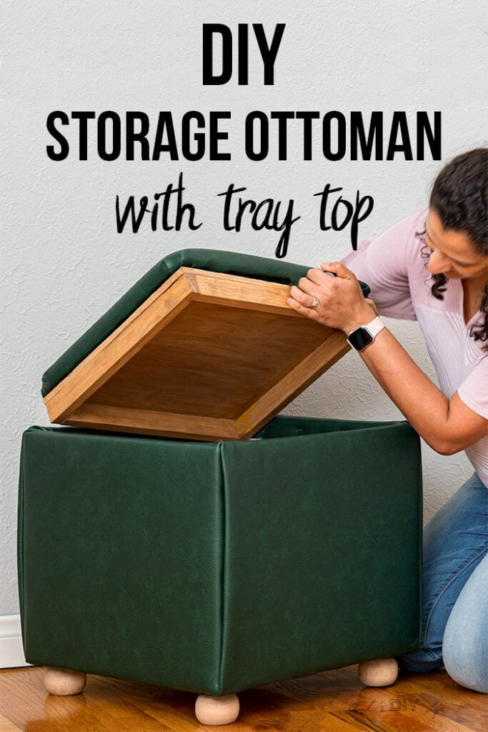 Woman opening DIY storage ottoman cover to show tray top underneath