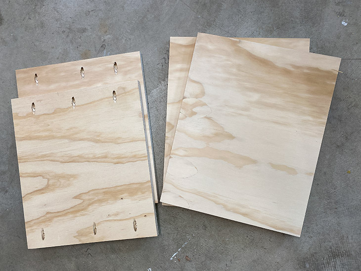 Plywood pieces cut up and ready to build the DIY storage ottoman cube