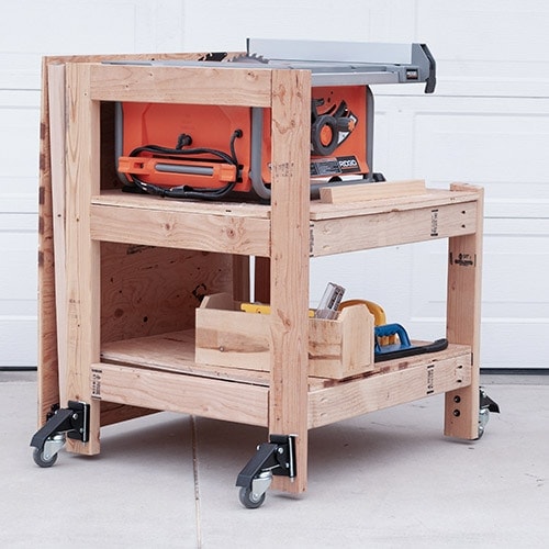 Learn how to make a DIY table saw stand with a folding outfeed table. This simple portable table saw stand is perfect for a small shop! Get the plans and detailed video tutorial.