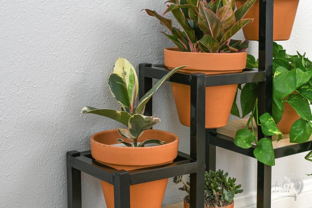close up of pots in DIY metal plant stands