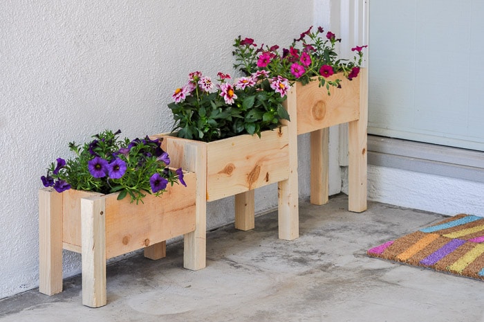 DIY Tiered planter box with flowers in entryway