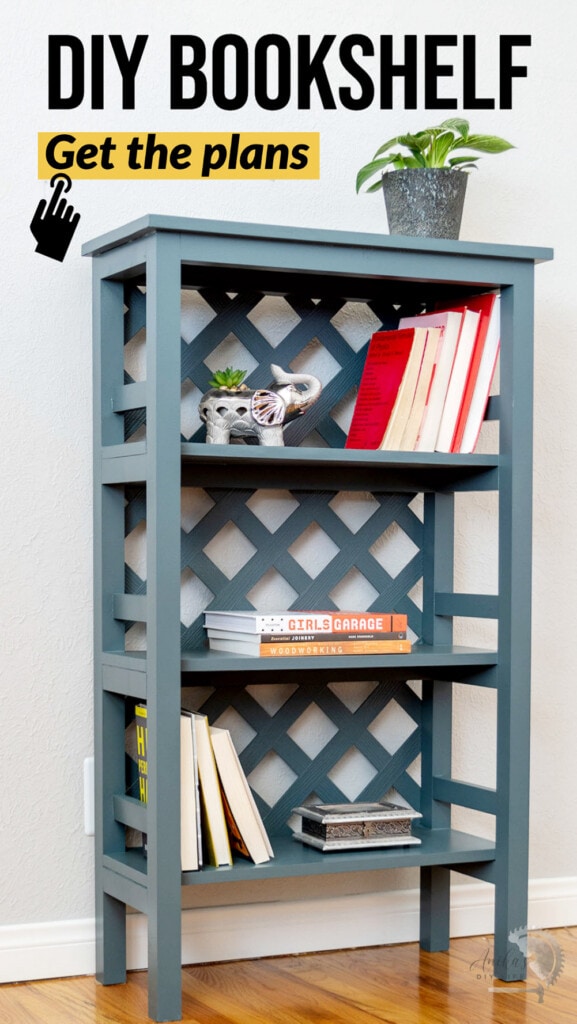 Blue-gray DIY trellis bookshelf with books and plant on it with text overlay