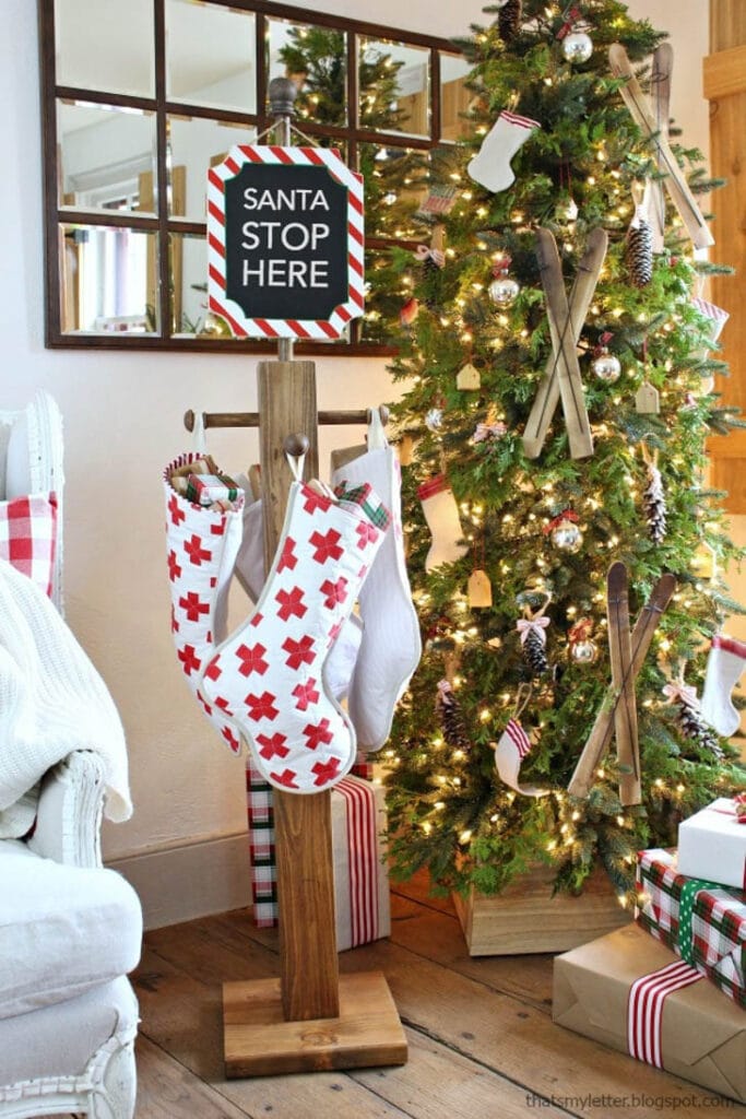 Wood Santa Stop Here pole stocking holder