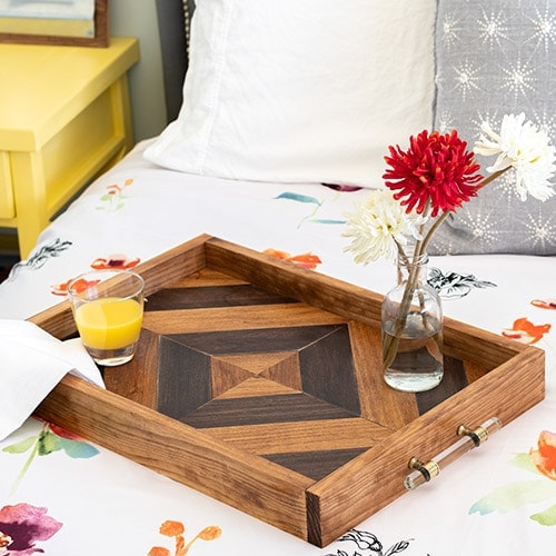 Learn how to make a gorgeous DIY wood tray using 3 basic power tools. It makes a great handmade woodworking gift for anyone. No fancy tools needed!