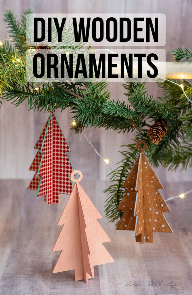 Three DIY wooden christmas ornaments with text overlay