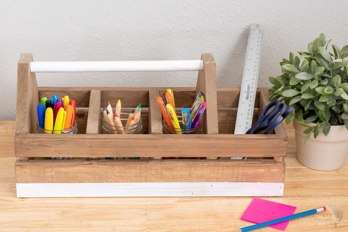 DIY tool box used for organizing office supplies.