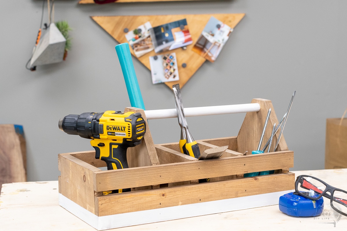 DIY Tool box full of tools in workshop
