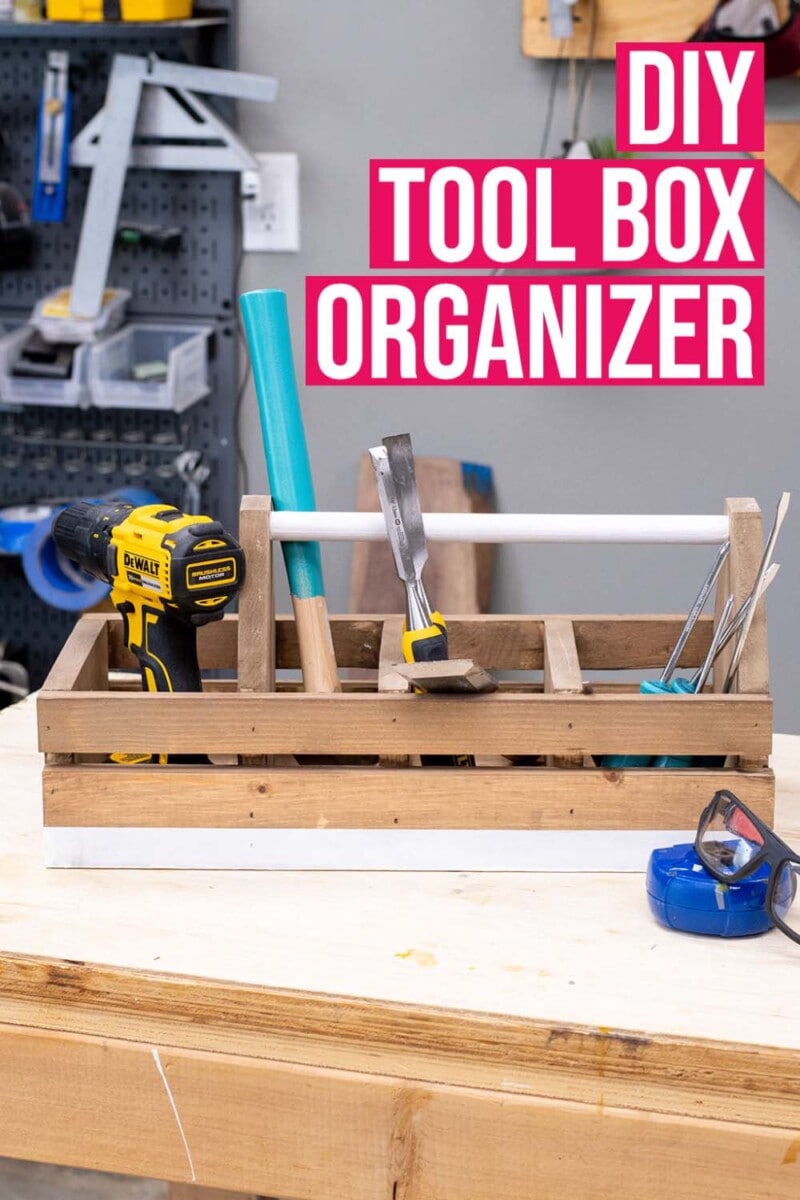 DIY wooden tool box with tools in workshop with text overlay