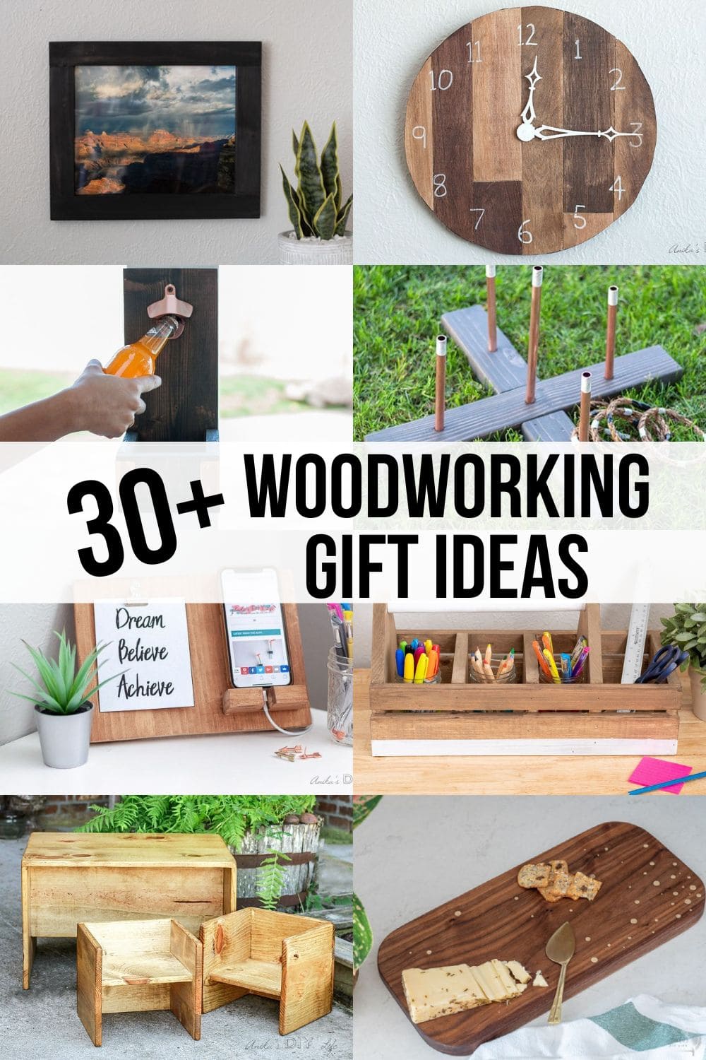 Image collage of eight woodworking gift ideas with text overlay