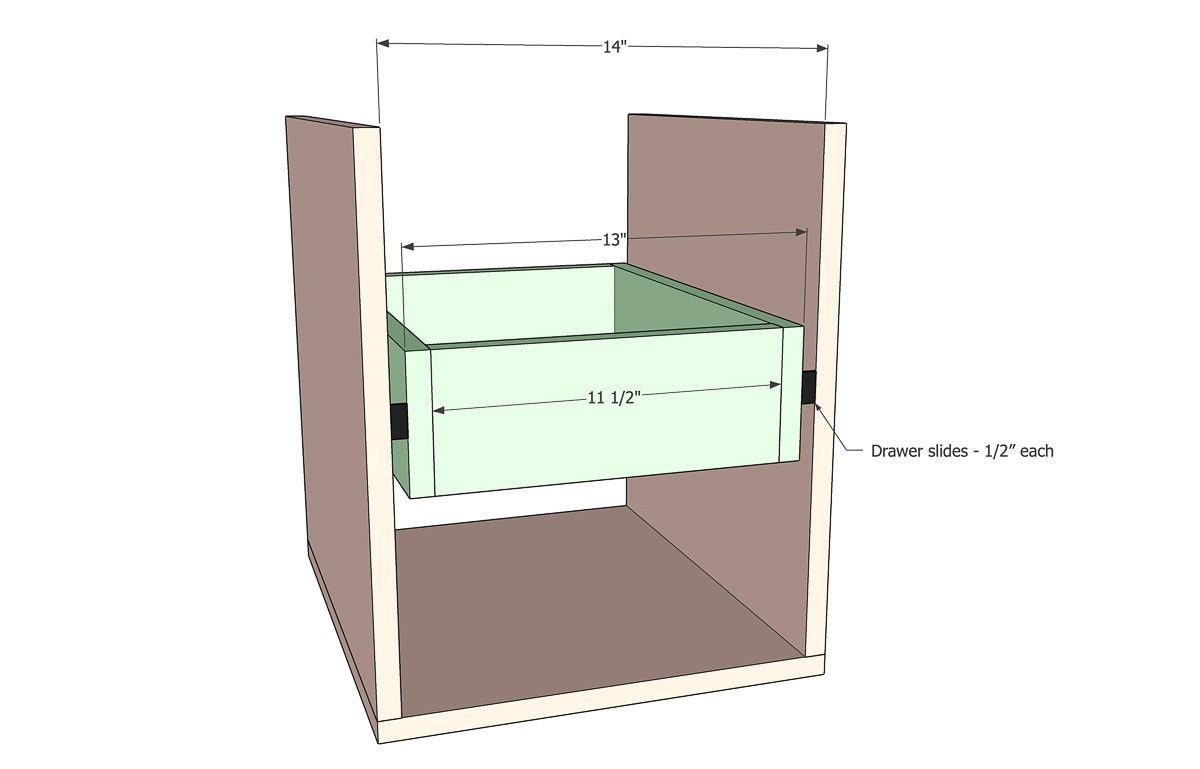 schematic of cabinet with drawer showing dimensions.
