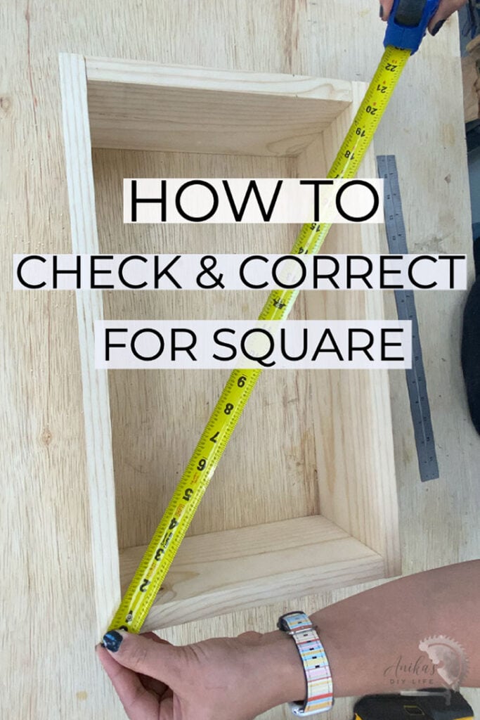 Checking for square using a tape measure with text overlay