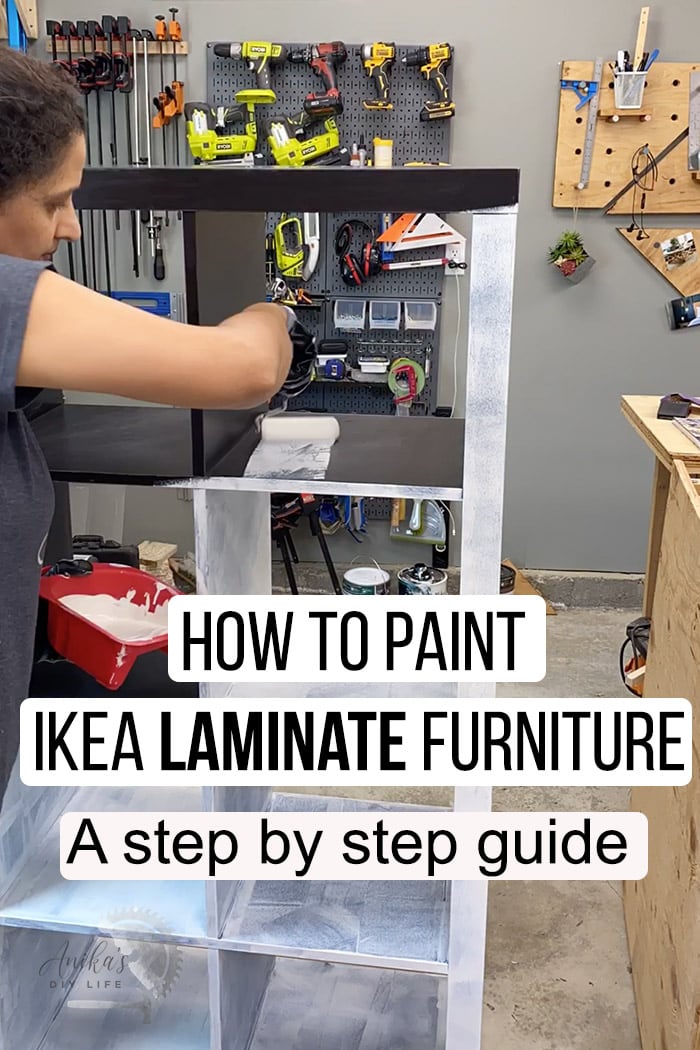 Woman painting Laminate Ikea furniture with text overlay