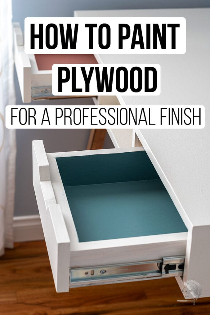Close up of plywood desk with text overlay - how to paint plywood for a professional finish