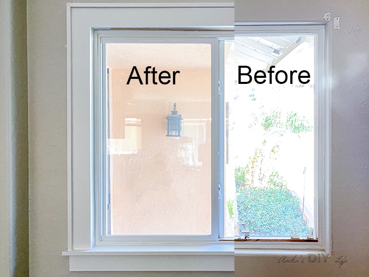 before and after comparison of window with and without DIY trim