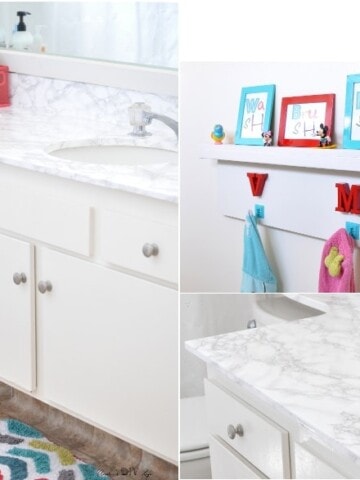 Rental bathroom update under $100 including faux marble countertops and lots of other updates