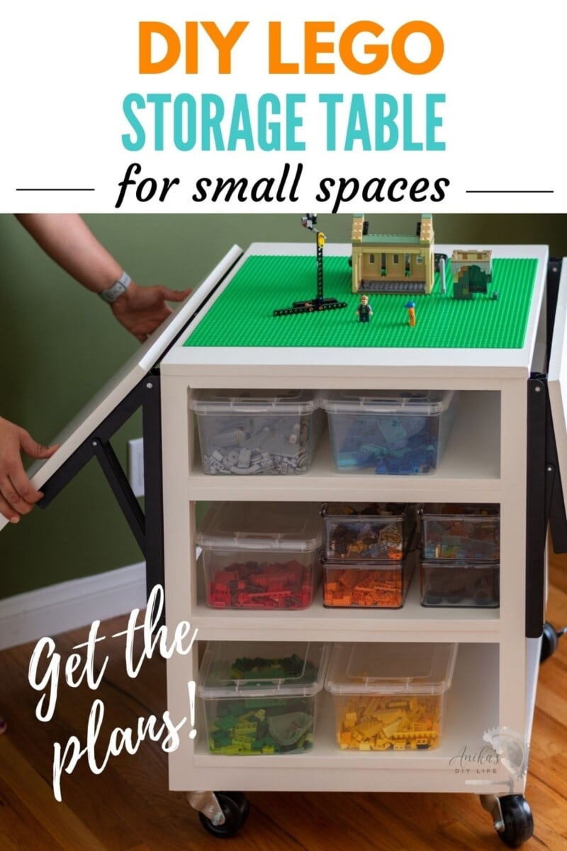 Lego storage table with folding sides and text overlay.