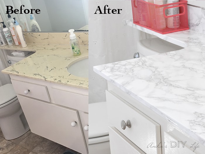 Before and after comparison of bathroom with marble contact paper countertop