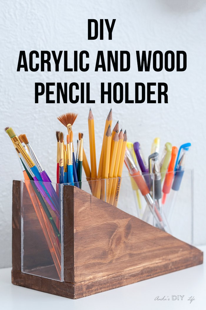 DIY modern pencil holder with pens, paintbrushes and pencils with text overlay 