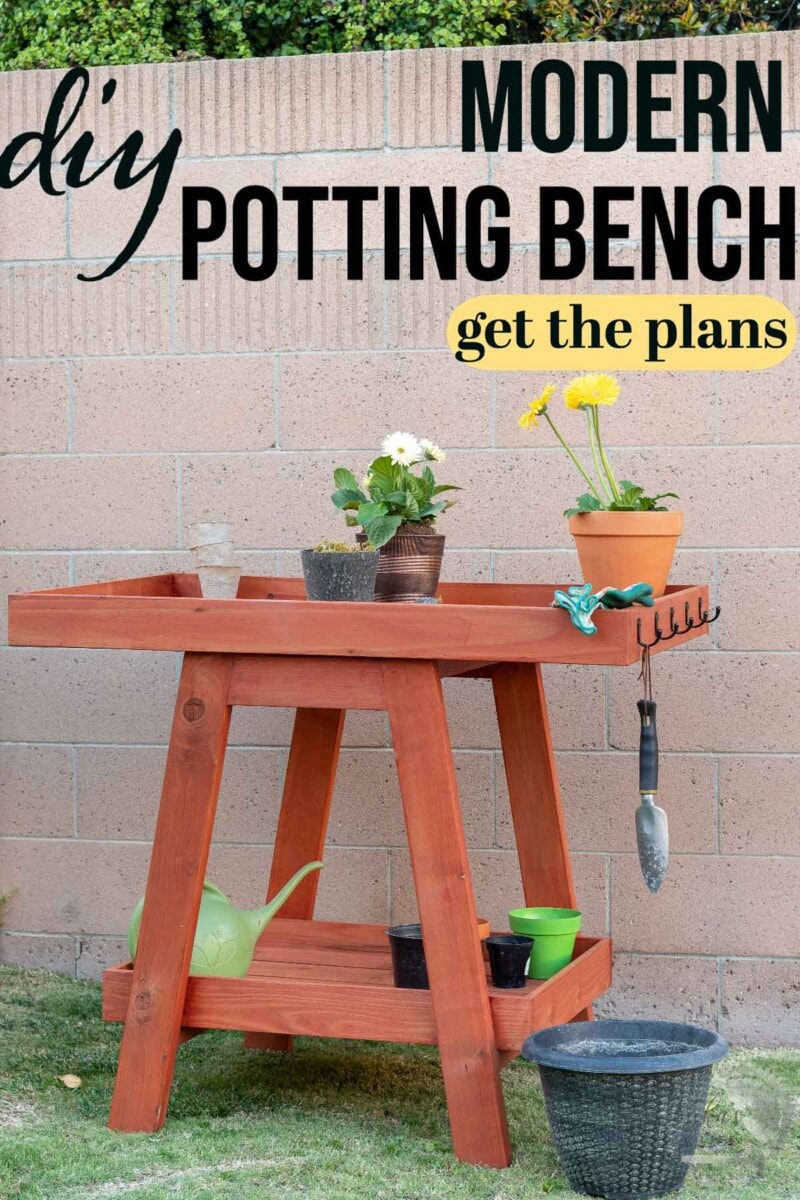 Redwood DIY  potting bench in grass with text overlay