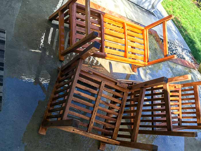 Wet Upside down patio furniture after being washed and cleaned 