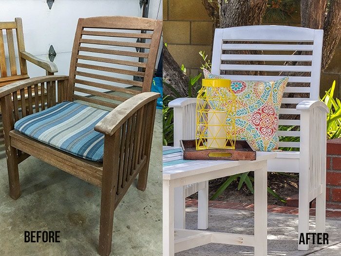 before and after comparison of painted outdoor wood chair