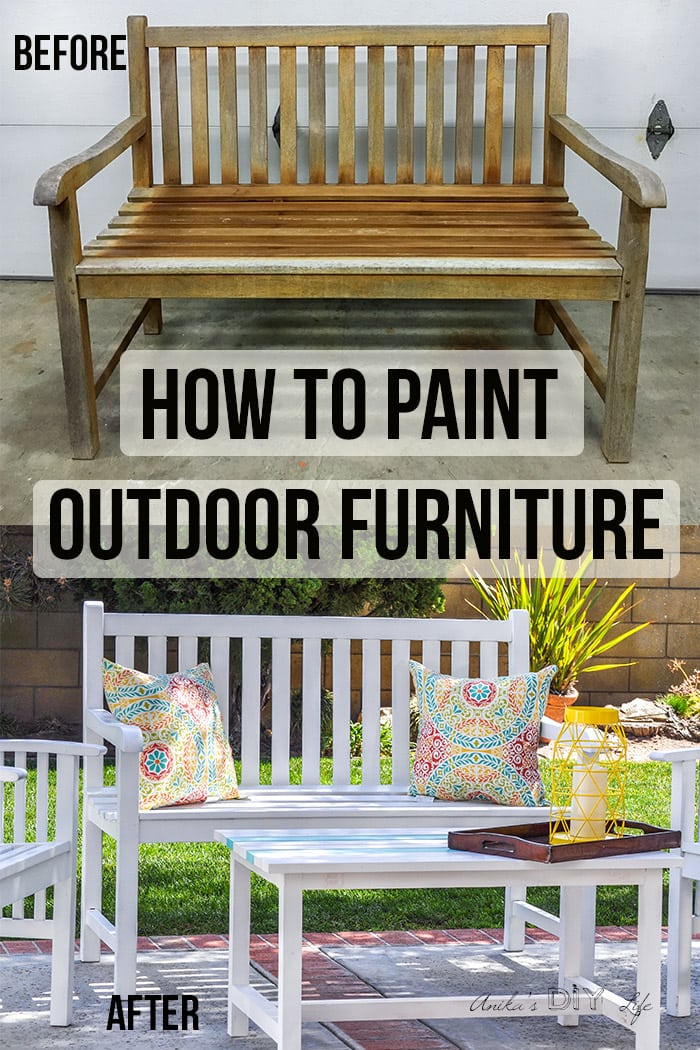 COllage of before and after of painting outdoor wood furniture with text overlay