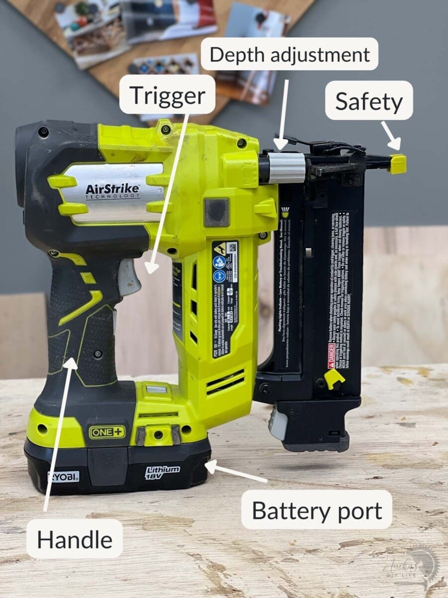 Nail gun on workbench with parts labeled