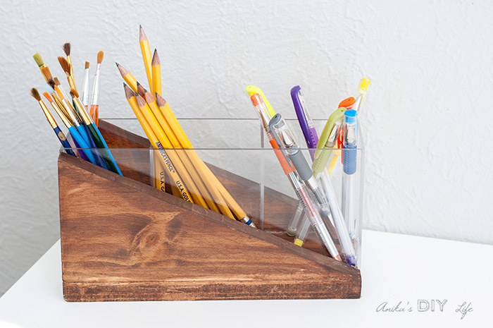 top view of the plexiglass and wood DIY modern pencil holder