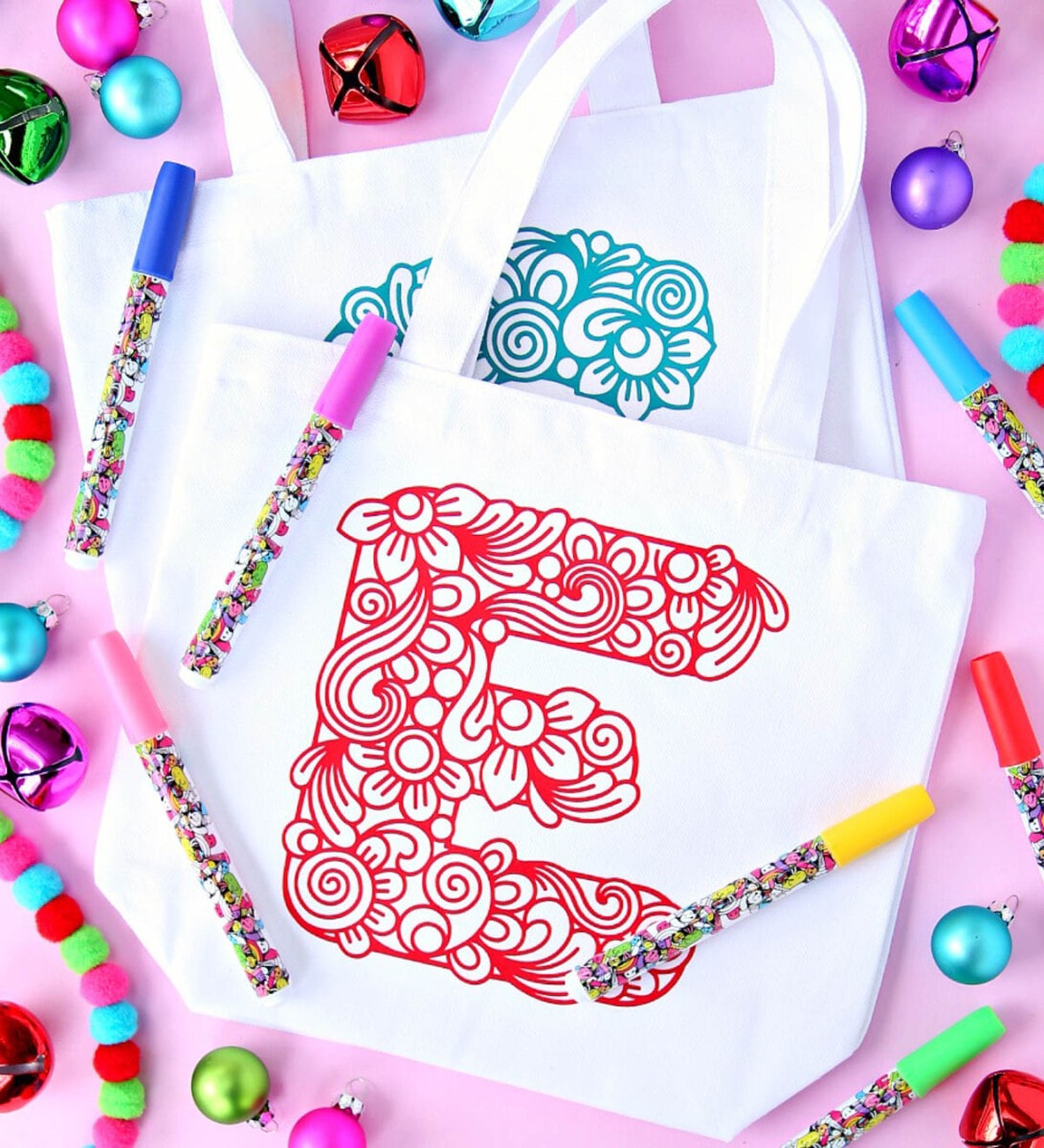 Custom tote bag that becomes part of the Cricut gift idea when you add fabric makers to the gift bag
