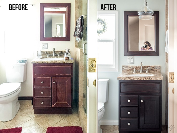 Before and after comparison of the small bathroom remodel.