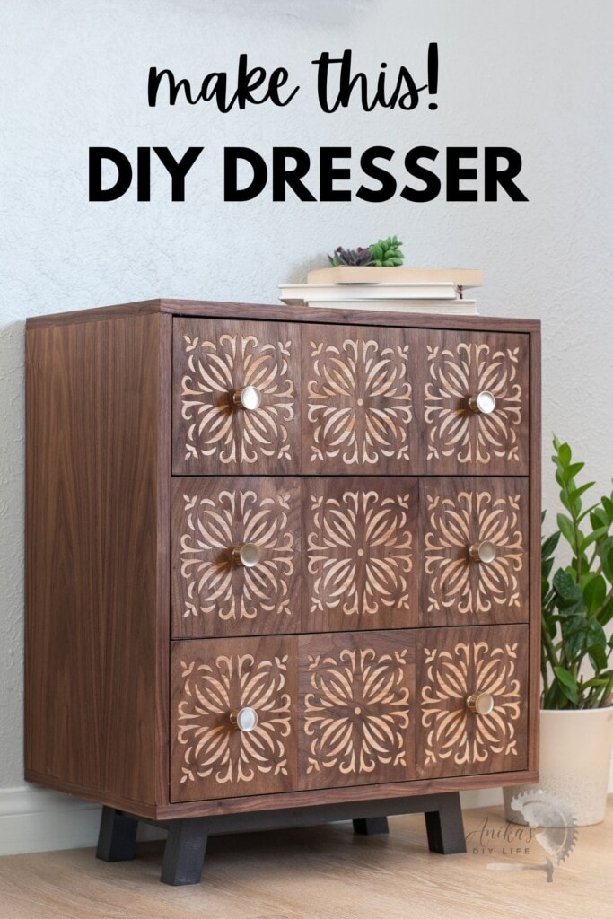 DIY dresser with veneer panels in room with text overlay