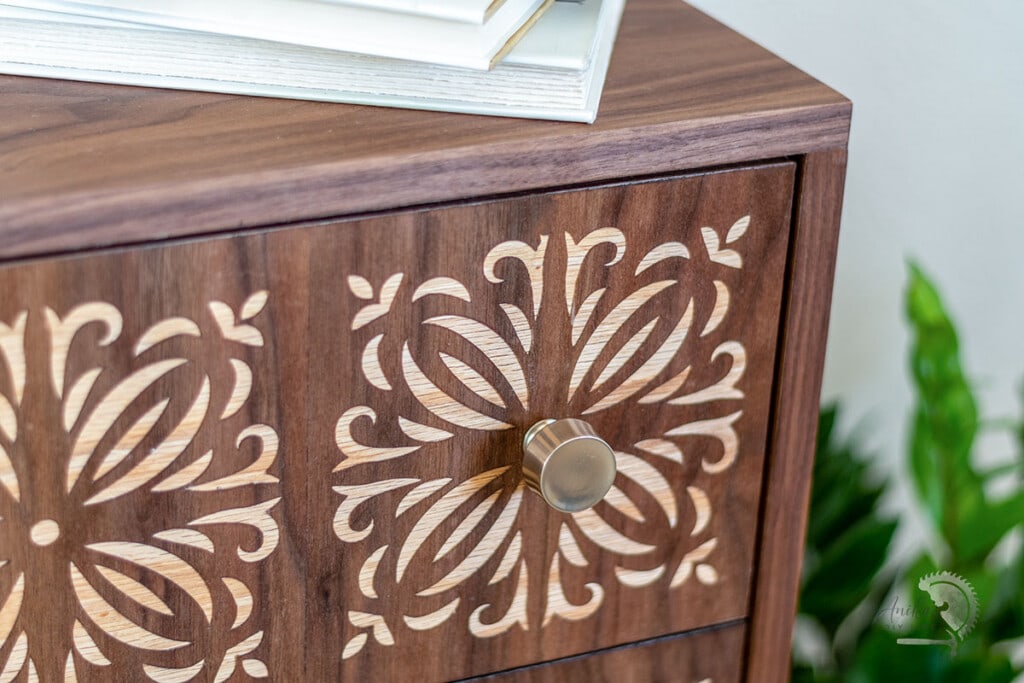 close up of the DIY dresser with veneer pattern