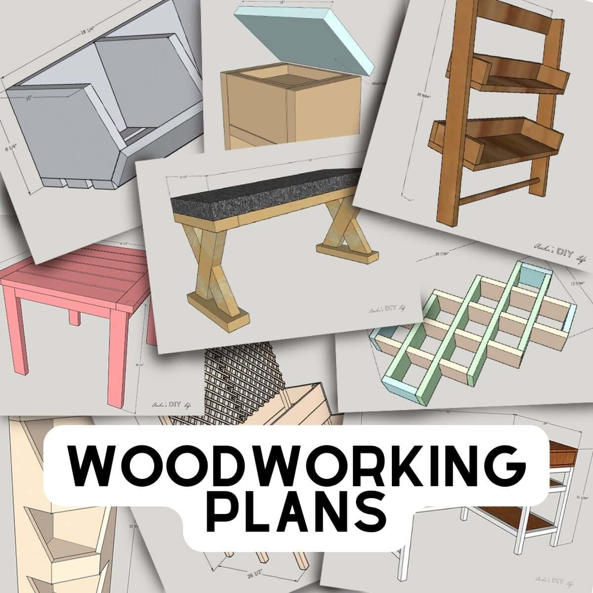 collage of woodworking plans schematics with text "woodworking plans"