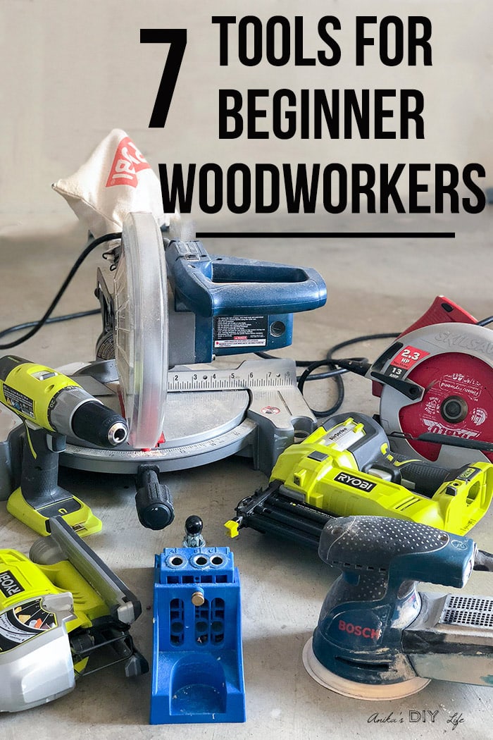 collection of tools for beginner woodworking on workshop floor with text overlay
