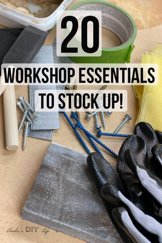 collection of workshop essential supplies on workbench with text layover